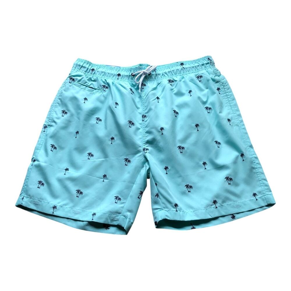 Surf Style NWT Men’s Large 7” Swim Trunks Blue Palm Tree Embroidered Drawstring